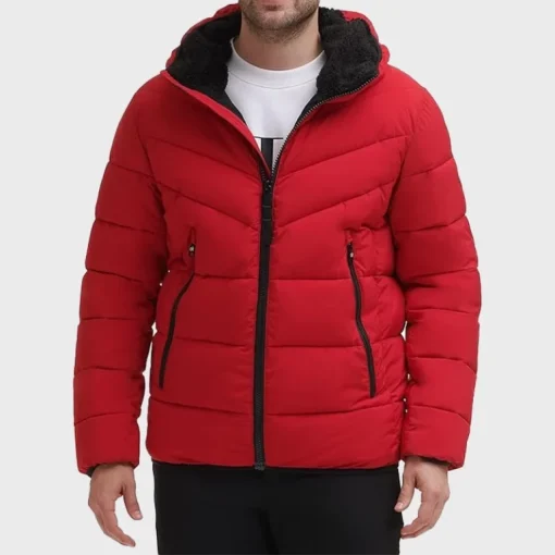 Mens-Puffer-Red-Stretch-Jacket-With-Sherpa-Hood