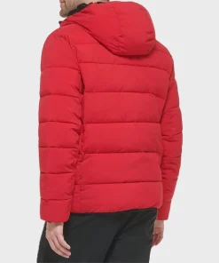 Mens-Puffer-Red-Stretch-Jacket-With-Sherpa-Hood