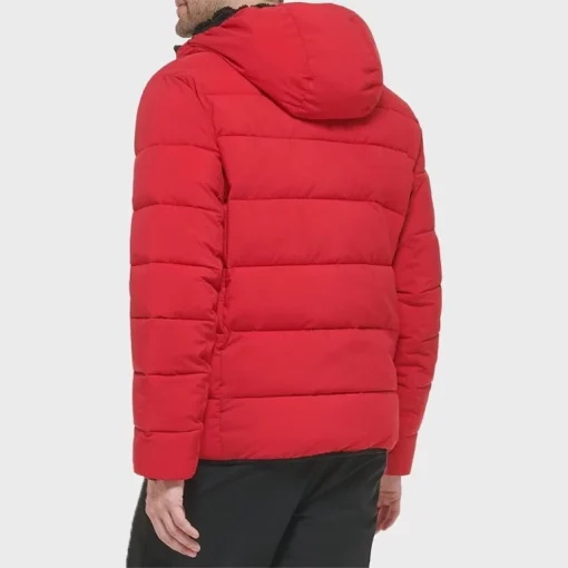 Mens-Puffer-Red-Stretch-Jacket-With-Sherpa-Hood