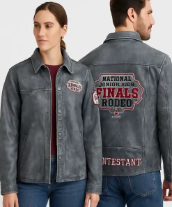 National High School Finals Rodeo NHSFR 2025 Contestant Vintage Distressed Grey Leather Jacket Unisex