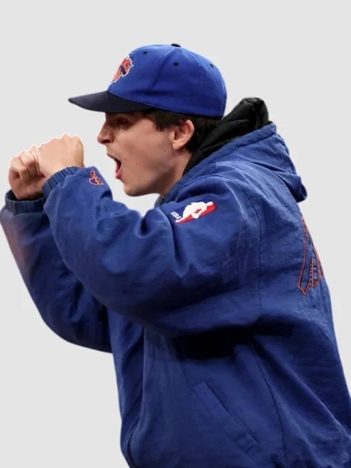 Timothee chalamet knicks hooded jacket blue