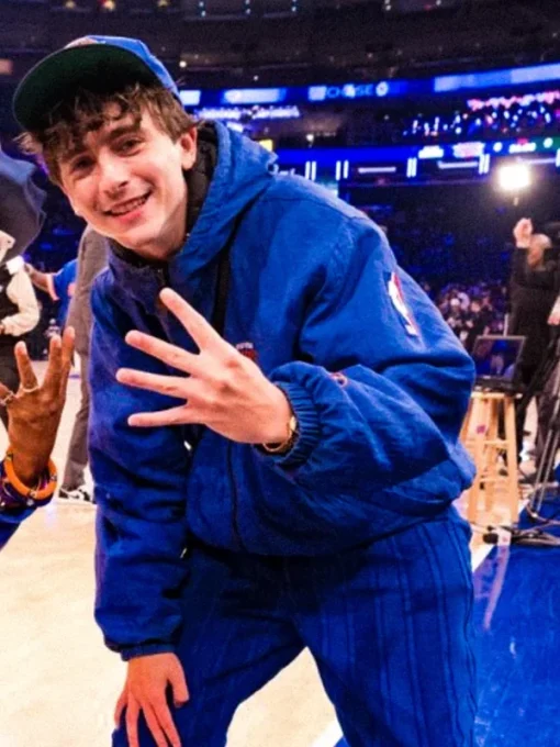 Timothee chalamet ny knicks blue jacket