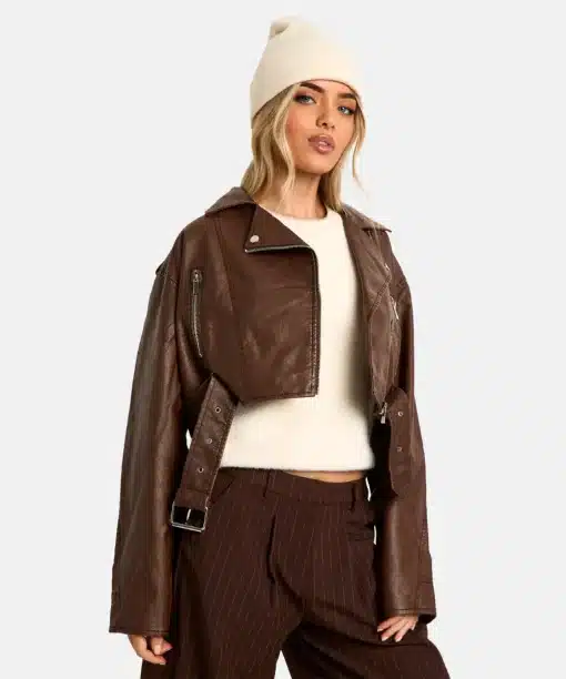 Women Vintage Look Faux Leather Crop Biker Jacket
