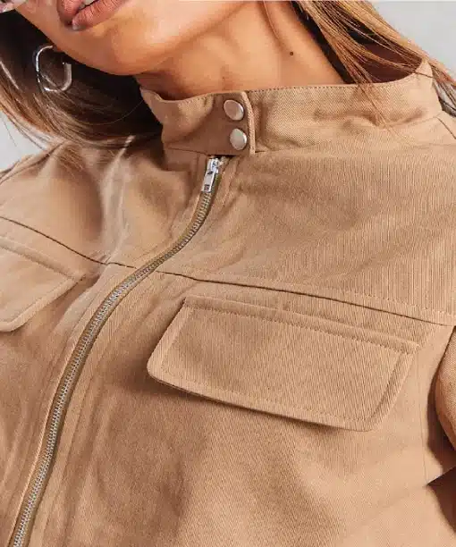 prettylittlething Camel Cotton Pocket Front Cropped Jacket
