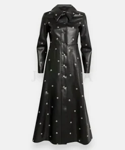 Black studded leather long coat