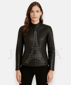 Eiffel Tower Studded Black Leather Jacket