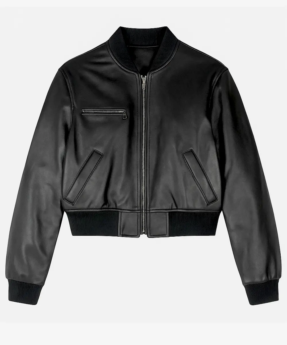 Leah Byrne Dept Q Crop Bomber Leather Jacket Black