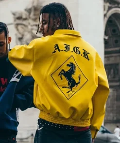 Shop DONCARE AFGK Racing Ferrari Oversized Leather Jacket - Yellow