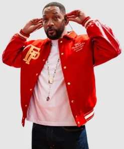 Shop Will Smith Red Varsity Jacket With Leather Sleeves Summertime Ball