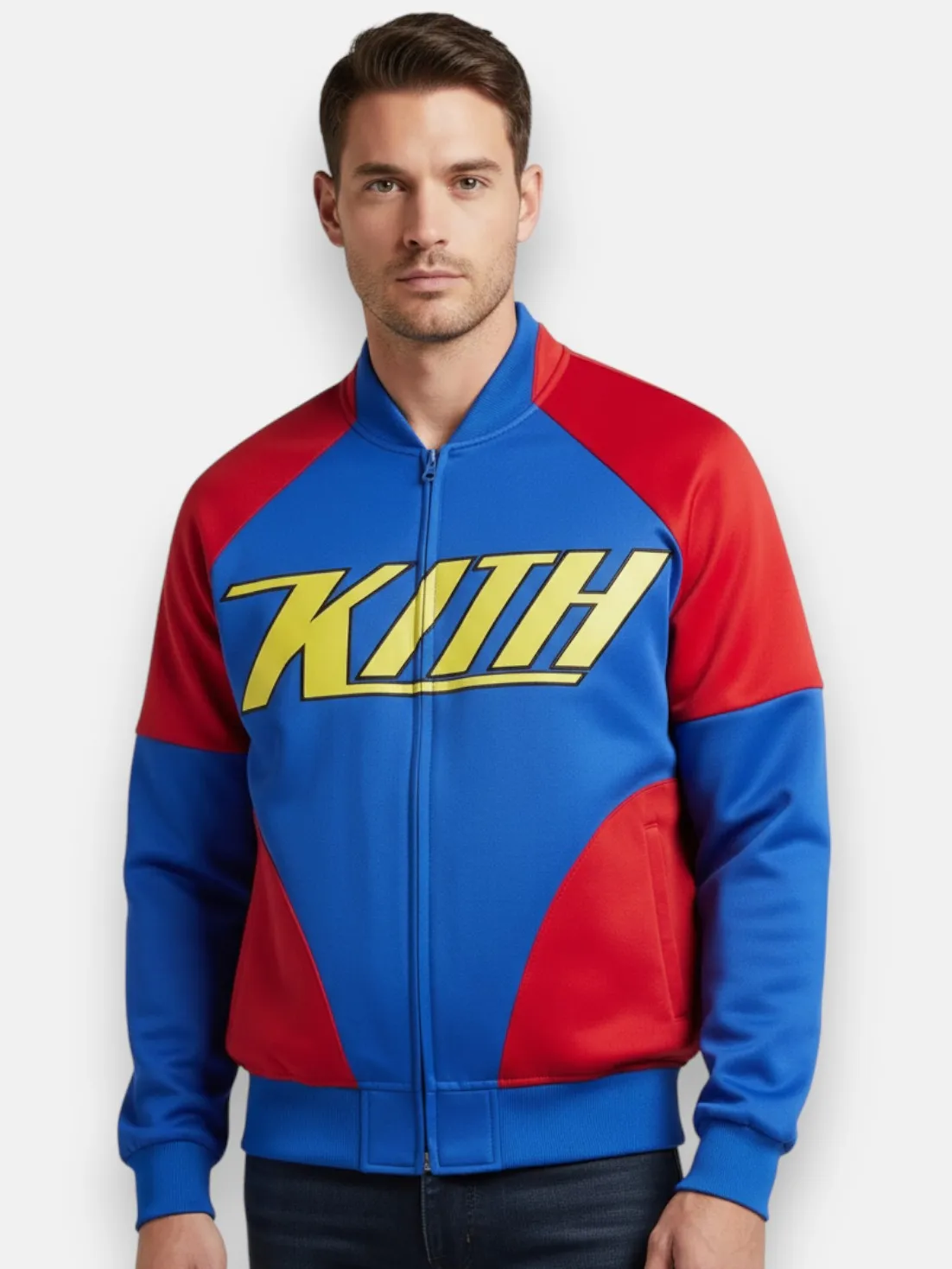men Superman x Kith Satin Bomber Jacket front close up