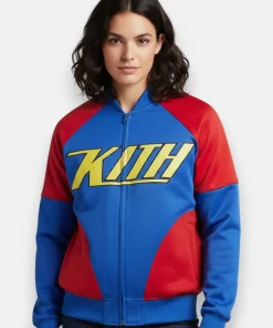 women Superman x Kith Satin Bomber Jacket front close up