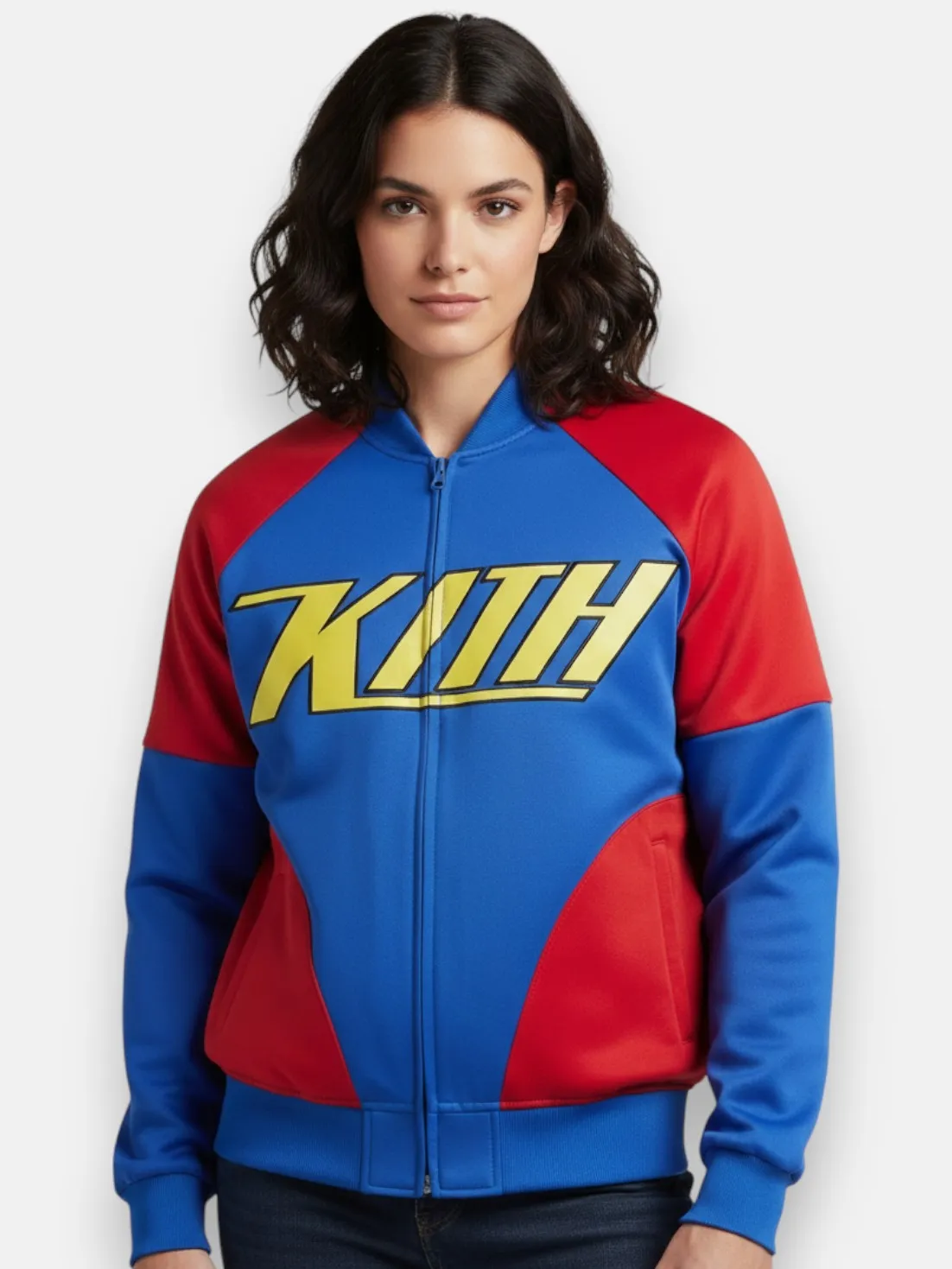 women Superman x Kith Satin Bomber Jacket front close up