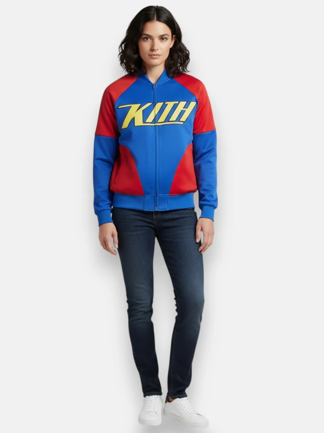 women Superman x Kith Satin Bomber Jacket front full view