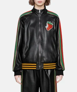 GUCCI Black Leather Strawberry Patch Track Jacket