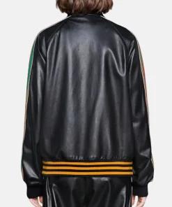 Gucci Black Leather Track Jacket With Strawberry Patch