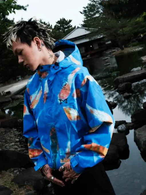 Metra koi fish printed blue jacket