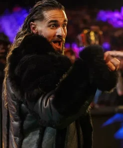 Monday night seth rollins raw black leather fur jacket