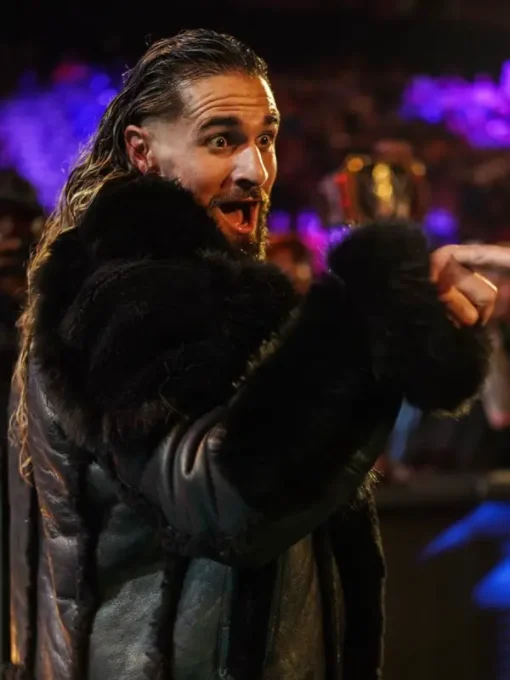 Monday night seth rollins raw black leather fur jacket
