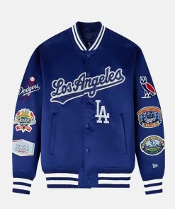 OVO x New Era x MLB Los Angeles Dodgers Satin Varsity Jacket – Blue