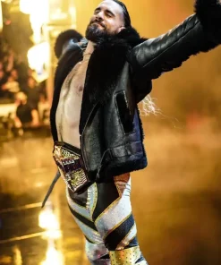 Seth rollins black fur leather jacket
