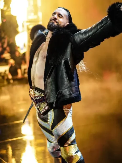 Seth rollins black fur leather jacket