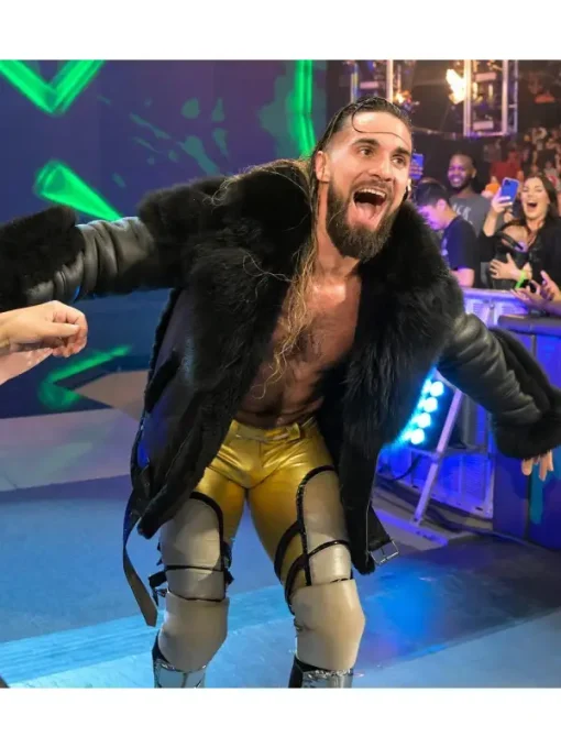 Seth rollins shearling leather jacket black