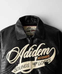 Adidem Asterisks Crocodile Cursive Black Leather Bomber Jacket