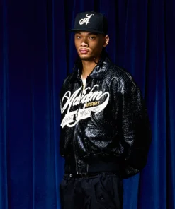 Adidem-Asterisks-Crocodile-Cursive-Black-Leather-Bomber-Jacket