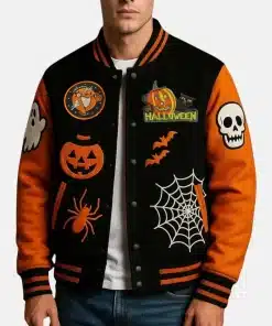Halloween Pumpkin Varsity Bomber Leather Jacket