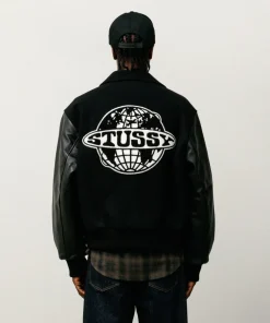 Stussy Globe Black Varsity Jacket For Men and Women - Black