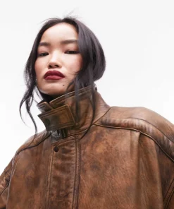 Topshop premium real leather oversized bomber tan brown jacket