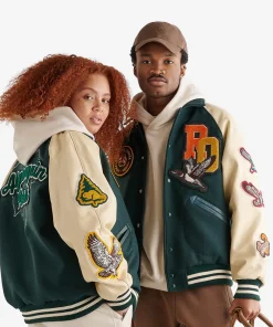 Unisex Roots Outdoor 24 Green Varsity Bomber Jacket For Sale - Green and OFF White