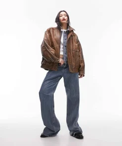 premium real leather oversized bomber jacket in tan Topshop