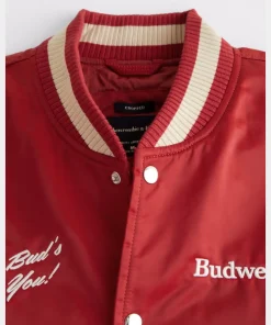 Abercrombie Men’s Budweiser Satin Varsity Bomber Jacket Red