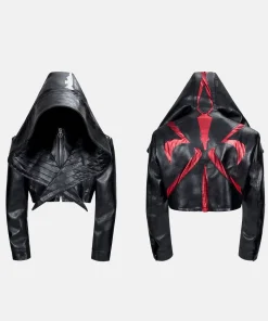 Bat Hat Design PU Leather Hooded Short Jacket