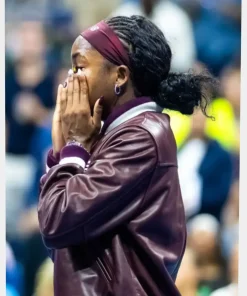 Coco Gauff Burgundy Leather Bomber Jacket