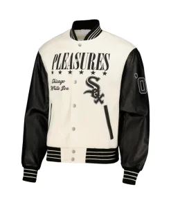 Mens-Chicago-White-Sox-PLEASURES-White-Full-Snap-Varsity-Jacket