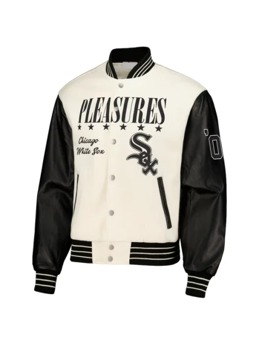 Mens-Chicago-White-Sox-PLEASURES-White-Full-Snap-Varsity-Jacket