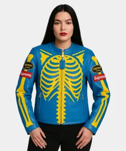 Supreme Vanson Skeleton Bones Zippered Blue Leather Biker Jacket For Men & Women