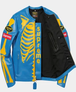 Vanson x Supreme Skeleton Bones Zippered Blue Leather Biker Jacket For Men & Women
