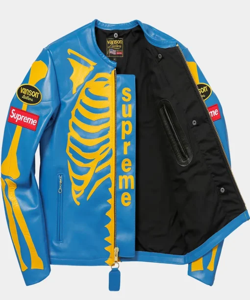 Vanson x Supreme Skeleton Bones Zippered Blue Leather Biker Jacket For Men & Women
