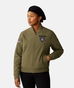 Women Olive Las Vegas Raiders Nike 2025 Salute To Service Unstoppable Force Bomber Jacket
