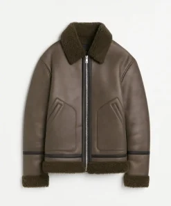 Classic Green Shearling Leather Aviator Jacket