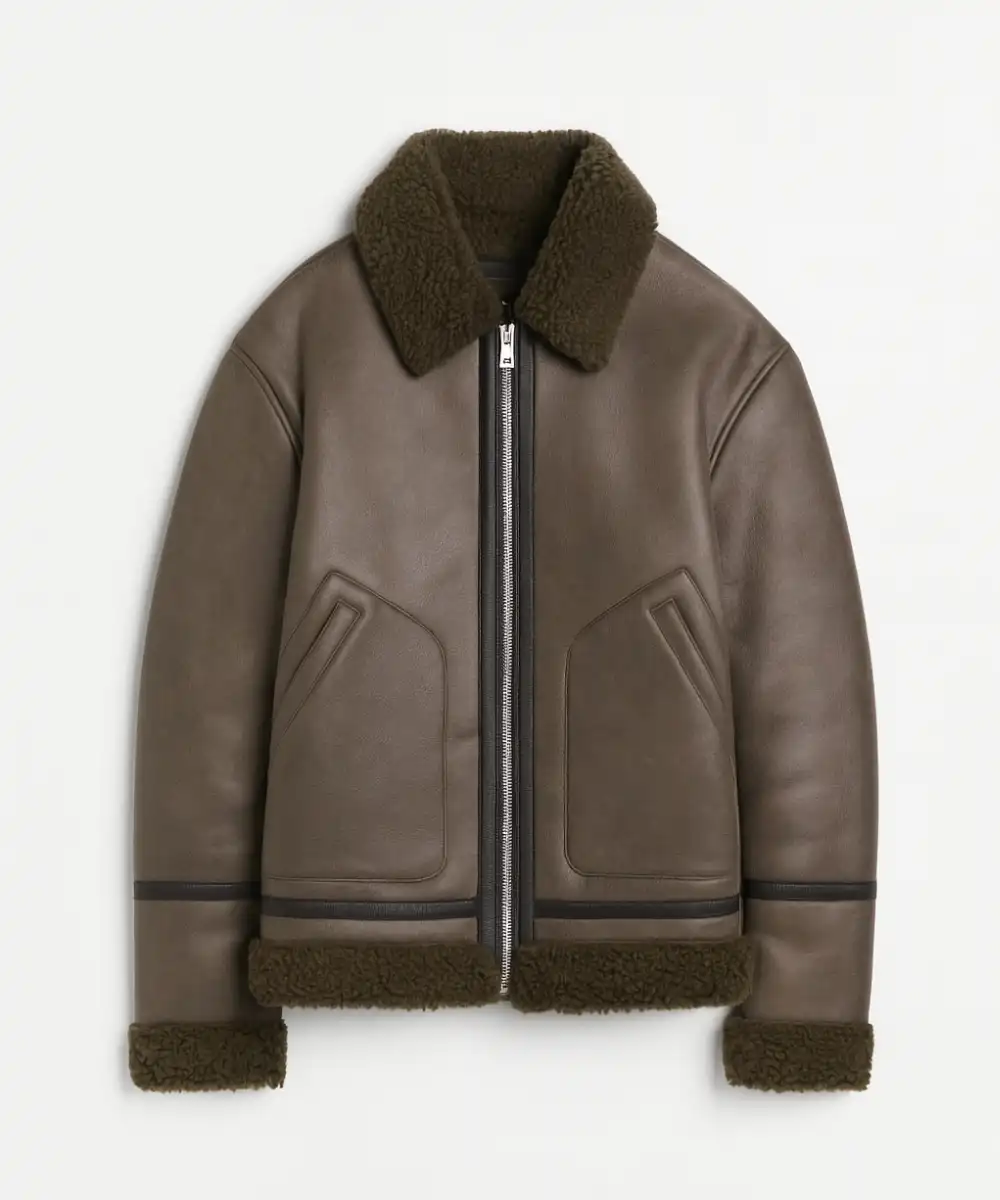 Classic Green Shearling Leather Aviator Jacket