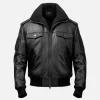 Men Black Leather F1 Flying Shearling Aviator Bomber Jacket