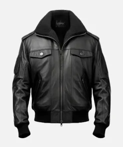 Men Black Leather F1 Flying Shearling Aviator Bomber Jacket