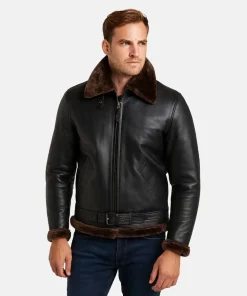 Mens Brown Shearling Black Leather Bomber Jacket