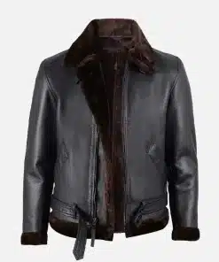 Men's Brown Shearling Black Leather Bomber Jacket