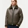 Mens Classic Green Shearling Coffee Brown Leather Aviator Fur Bomber Jacket