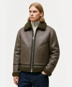 Mens Classic Green Shearling Coffee Brown Leather Aviator Fur Bomber Jacket